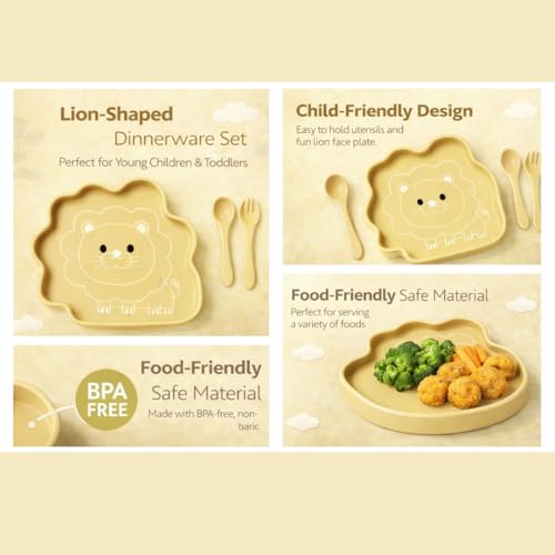 Image of TIGGY & BONNET Lion 2 Pcs Silicone Baby Feeding Set for Baby Bpa-Free | Microwave Safe, Anti-Slip Base | Tableware Kit for Babies & Toddlers with Suction Plate & Spoon