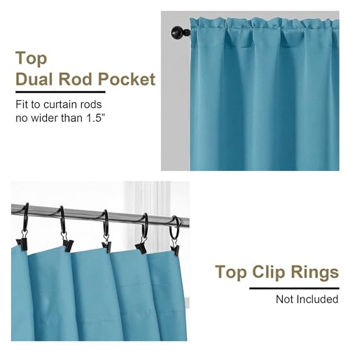 Image of Turquoise Blackout Curtains for Small Window Treatment, Light Blocking Short Kitchen Window Curtains Over Sink, Dual Rod Pocket Half Window Tiers for Bathroom Basement, 2x40Wx36L Inches