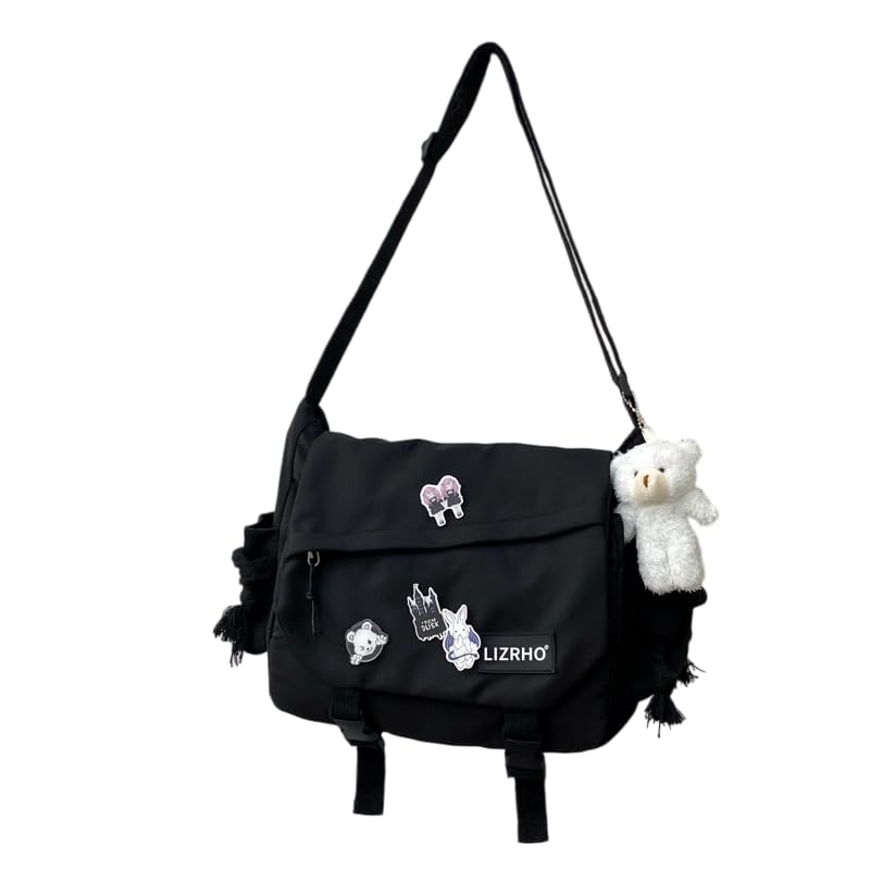 CHENXIAOHONG Bolsa mensageiro feminina grande com alça transversal, estilo escolar, com patches e opção com ursinho – bolsa de ombro espaçosa para faculdade e dia a dia.(Preto + borda + grosso)