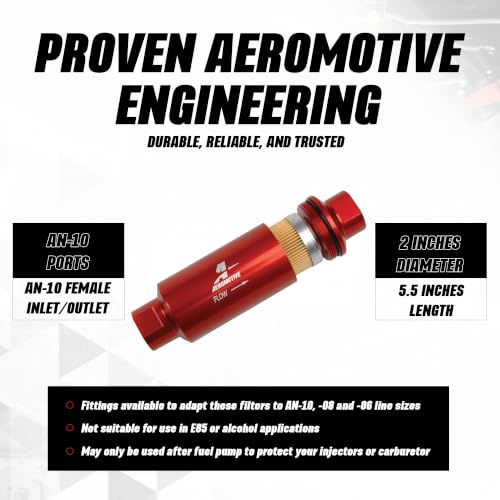 Image of Aeromotive 10 Micron Inline Fuel Filter - 10 Micron Cellulose Element, Universal Fuel Filter, Female AN-10 Ports, High-Flow Billet Aluminum Housing, Gas & Diesel Compatible, Red - 12301