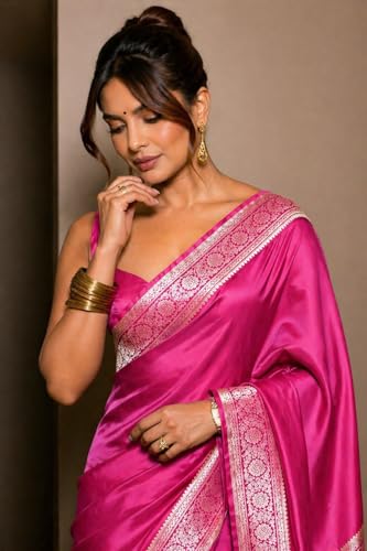 Image of Women's Glory Womens Satin Saree with Silver Woven Border | Elegant Plain Glossy Silk Saree for Party, Wedding, Reception & Festive Style with Unstitched Blouse Piece