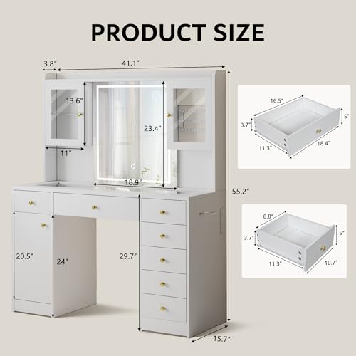 Image of iPormis Vanity Desk with Mirror and Lights, Glass Top Makeup Vanity with RGB Light and Power Outlet, Dressing Table Mirror with 3 Lighting Colors, 7 Drawers, 3 Cabinets, White Vanity for Bedroom