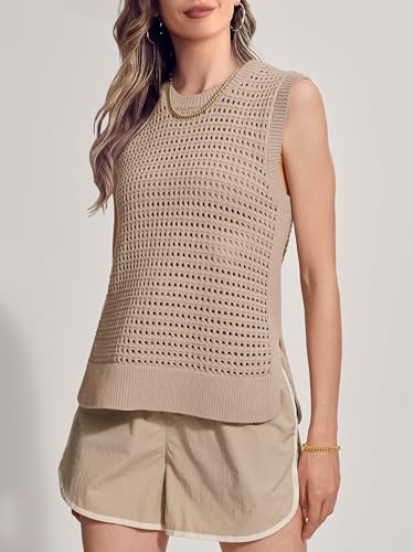 Image of SuperPrity Women's Sweater Vest Sleeveless Crochet Sheer Knit Sweater Tank Casual See Through Crewneck Sweater