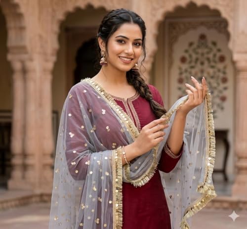 Image of Navti Creations Women's Lightweight Net Dupatta With Sequence Embroidery & Kiran Border (Length 2.25m)