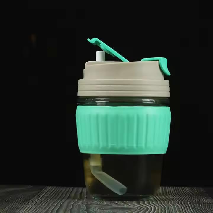 Image of 350ml Glass Sipper with Straw - Reusable Coffee Mug for Water, Juice, Tea, Cocktail - Travel & Home Use Cup with Lid & Handle - Multicolour Tumbler - Pack of 1