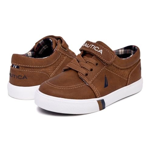 Nautica Kids Sneakers Adjustable Strap Bungee Straps Casual Tennis Shoes Toddler-Little Kid-Berrian 6, Tan Size 5