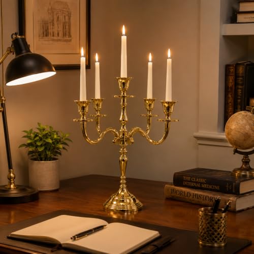 Image of Decorative Aluminum Vintage 5-Arm Brass Gold Candelabra Candle Holder - Elegant Metal Table Centerpiece for Home, Wedding, Party & Dining Room Decor