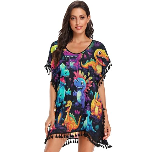 Watercolor Art Dinosaurs Women's Beach Cover Up Chiffon Tassel Swimwear Swimsuit Coverups for Girl