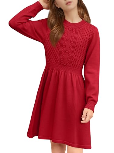 Girls Dresses Long Sleeve Knitted Button Front A-line Casual Fall Winter Dresses for Girls Thanksgiving Christmas