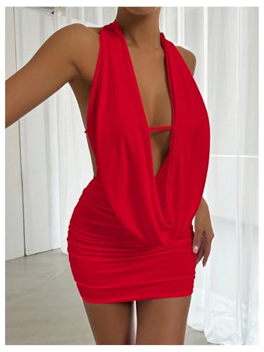 Image of SOLY HUX Women's Sexy Deep V Neck Halter Bodycon Mini Dress Sleeveless Party Club Dresses