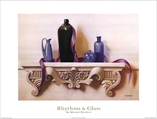 Rhythms & Glass by Melody Phaneuf 24x18 Art Print Poster Still Life Decorative Abstract Blue Vases on a Mantle Purple Ribbon