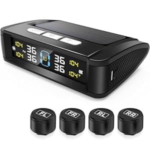 Tire Pressure Monitoring System – TPMS Solar Charge Tire Pressure Monitor System with 4 External Sensors & 6 Alarm Modes, Real-time Color LCD Display,Auto on/off, TPMS for Sedan SUV RV,Easy to install