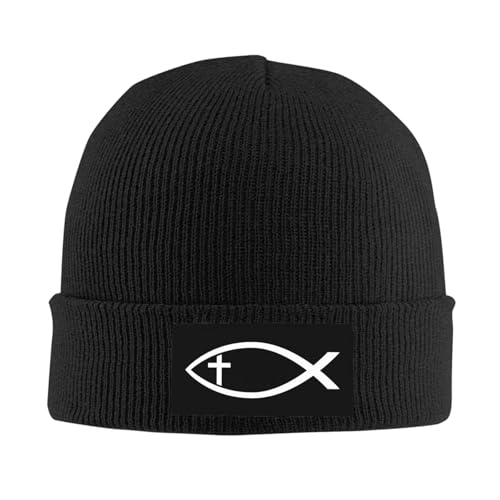 FWJZDSP Gorro de Lana Ichthus con símbolo Cristiano de pez y Cruz para Hombre, Gorro de Invierno de Punto para Mujer, Gorro de Dormir de Punto, Color Negro