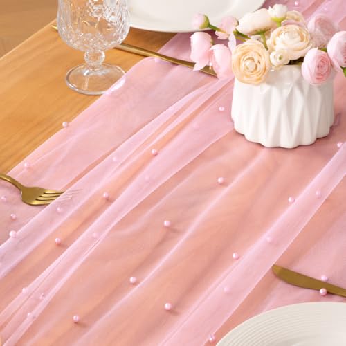 Image of MLMC Pink Pearl Table Runner Boho Rustic Tulle Table Runner with Pearls 10ft 29 inchx120 inch Cheesecloth Table Decor for Wedding Anniversary Baby Shower Home Decoration