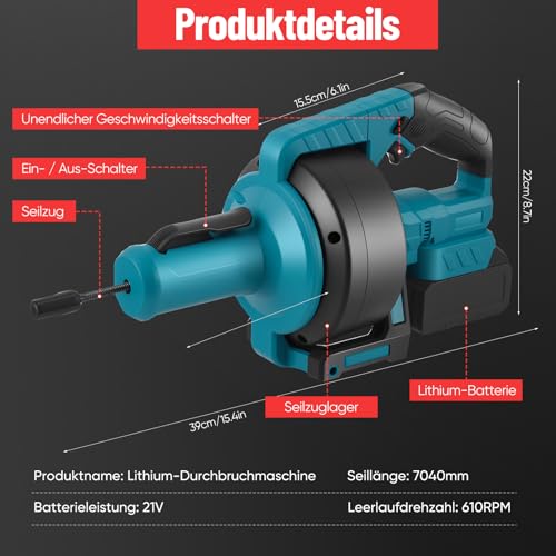 Akku Rohrreinigungsmaschine für Makita Akku 21V,rohrreinigungsspirale elektrisch mit 7.4M, Geeignet für 35–100 mm Rohre,spirale abfluss rohrreinigung für Abwasserkanäle, Toiletten(ohne Akku)
