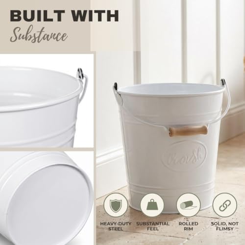Image of Autumn Alley Farmhouse Bathroom Trash Can - White Trash Can Bucket with Wooden Handle for Rustic Bathroom, Bedroom, Office, Kitchen, Country Home Decor, 7 Liter, White