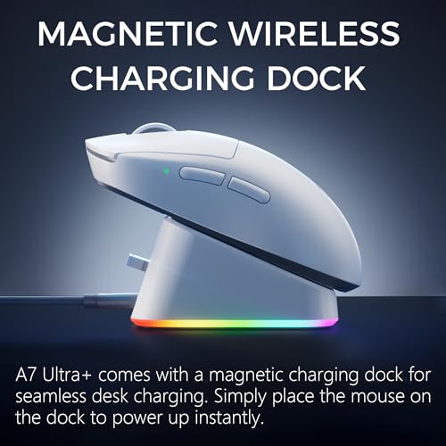 Image of MCHOSE A7 V2 Ultra+ Wireless Gaming Mouse, Megnetic Charging Dock,Tri-Mode Connection, 59 Grams, PAW3950 TI 42K DPI Sensor, Wired /Wireless Dual 8K Polling - White
