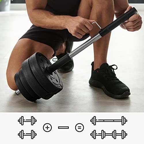 SONGMICS 2-in-1 Dumbbells Set, 2 x 15 kg Adjustable Dumbbells with Extra Barbell Bar, Plastic-Coated Weight Plates, Fitness Exercise, Home Gym, Black SYL30HBK