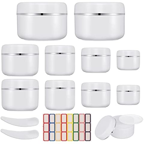 Firtink 10 Pcs Cosmetic Sample Jars, 10ml/20ml/30ml/50ml/100ml Empty Refillable Cosmetic Container Pots Travel Jars with Lids, Spatulas Tool and Labels for Makeup Creams Lotion Glitter Nail Powder Cover