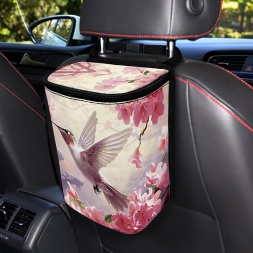Image of Talayituse Hummingbird Cherry Blossom Print Car Trash Can with Lid, Leak Proof Auto Trash Bag Hanging Vehicle Garbage Can Multipurpose Storage Container for Back Seat Road Trip