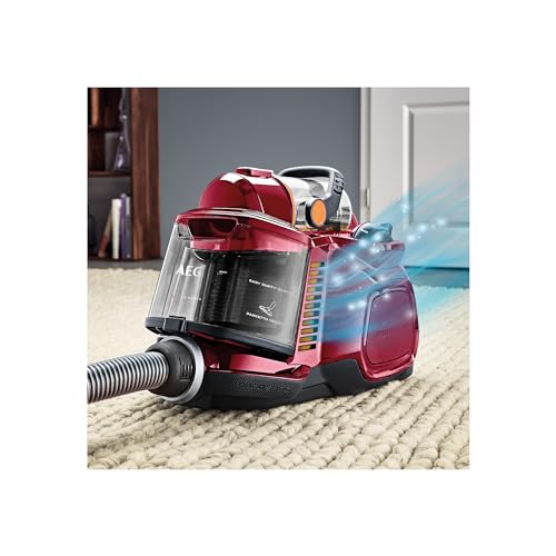 AEG Staubsauger Beutellos, Ideal für Haustierbesitzer, Zusatzdüsen + Spezialdüsen-Set für Tierhaare, 750 Watt, 9 m Aktionsradius, 1,4l Staubbehälter, Waschbarer Hygiene Filter, Leise, Rot, LX7-2-CR-A