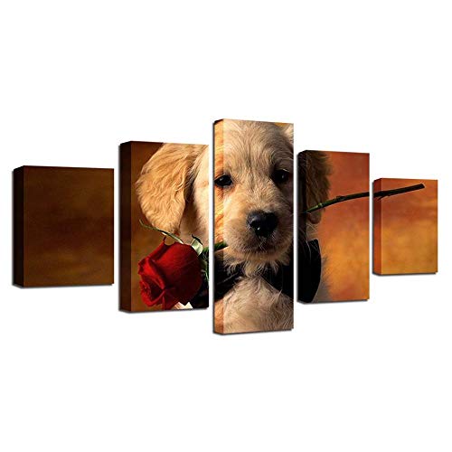 Photo motif chiot et rose tableau mural imprimé moderne 5 pièces