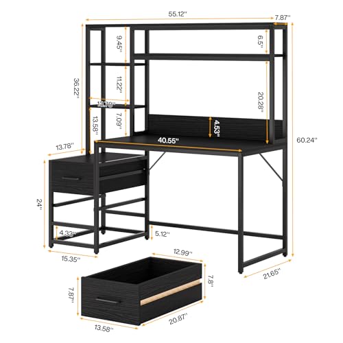 Image of Tribesigns 55 Inch Computer Desk with 2 Drawers and Storage Shelves, Rustic Office Desk with Hutch, Study Writing Gaming Table Laptop Workstation for Home Office (Black)