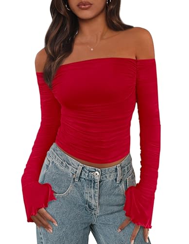 PRETTYGARDEN Fall Tops for Women 2025 Trendy Long Sleeve Crop Mesh Slim Fit Y2K Cute Shirts Going Out Off The Shoulder Top