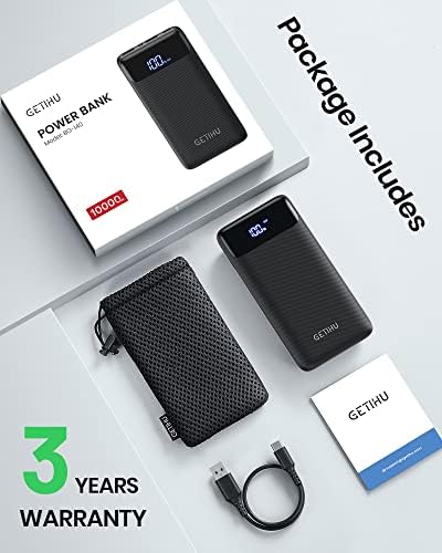 GETIHU Power Bank, 3A High Speed 10000mAh LED Display USB C Portable Charger, USB C In & Output Battery Pack with Flashlight Compatible with iPhone 14 13 12 11 X Pro Max Samsung S20 Huawei Xiaomi iPad