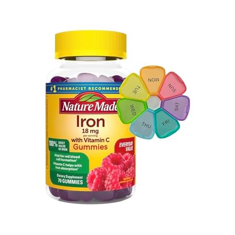 SyncLives Nature Made Iron Gummies, 18 mg Iron Supplement with 40 mg Vitamin C per Serving, 70 Count, for Energy and Immune Support, Bundle Weekly Extra Large Pill Box Cover