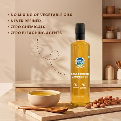 Image of Country Delight Groundnut Oil - 700 ML | Cold Pressed Non-refined Pure Groundnut Oil | Traditional Kohlu Extraction /Kacchi Ghani /Mara Chekku Style | Sweet Aroma & Flavor of Groundnut (Peanut) seeds | Double Filtered
