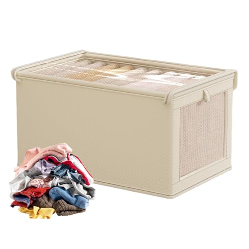 Pzuryhg Cajas de almacenamiento de ropa, contenedores de tela con tapa y asa, ventana transparente, organizadores de cajones apilables, caja plegable para guardería, dormitorio, armario del hogar, 40