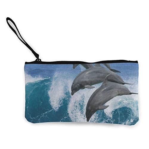 Preisvergleich Produktbild Unisex-Geldbörse, Münzbeutel, Segeltuch, Ozeanwelle, Delfine, mit Reißverschluss, für Bargeld, Bank, Auto, Reisepass