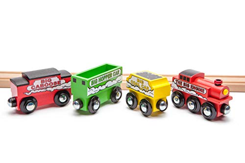 Maxim Enterprise, Inc. Big Engine Wooden Train Set With Coal Car, Hopper Car And A Beautiful Red Caboose. Bright Vivid Colors, Fun For Kids 3 And Up. Universally Compatible #TOP1