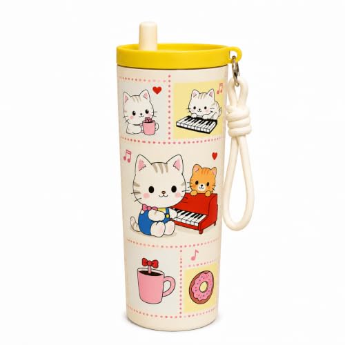 Image of Vasukie Cat Water Bottle Straw Lid and Carrying Strap - Stainless Steel Travel Cup Tumbler - Cute Cat Character Drinkware for Girls, Women. (Character May Vary)