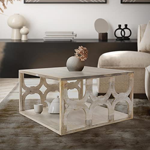 WOMO-DESIGN Mesa De Centro 80x80x45 cm Cuadrada De Madera De Mango Maciza Marrón-Natural Estilo Oriental Única Hecha A Mano Vintage Robusta Mesa Auxiliar De Salón Café Sofá Sala De Estar Cover