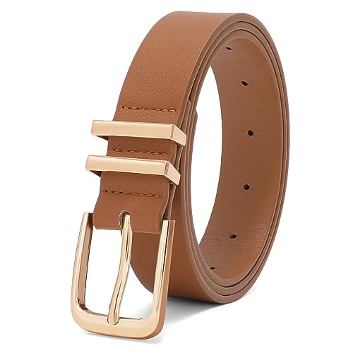LEACOOLKEY Women Leather Belt with Gold Buckle Fashion Ladies Leather Waist Belt for Jeans Dress