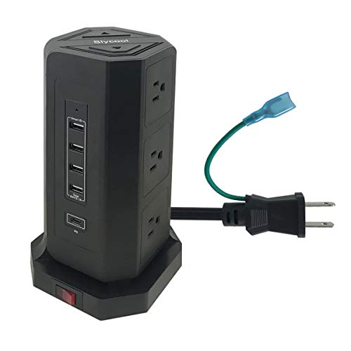 USB 電源タップ タワー式 コンセント 3層 9AC充電口(100-125V)+4ポート(最大3.1A/5V)+1Type-C USB PD 18W雷ガード 過負荷保護 省エネ 2m延長コード 2個スイッチ オフィス/家庭給電用 テーブルタップ
