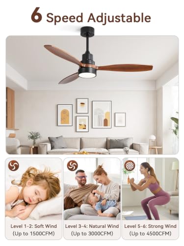 Image of Sofucor 52 inch Ceiling Fan with Lights and Remote, 3 Wood Blades, Brown