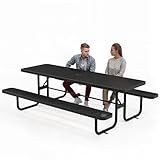 OUTTANS Metal Picnic Furniture for Outdoors with Umbrella Hole - Coated Steel Heavy Duty Commercial Grade Table with Adjustable Seats, Patio Set for a Lifetime (Black, 8' Rectangular)