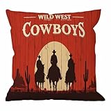 HGOD DESIGNS Cowboy Throw Pillow Cover,Vintage Western Cowboys Riding Horses Wooden Sign Rural Ranch Desert Sunset Decorative Pillow Cases Linen Square Cushion Covers for Home Sofa Couch 18x18 inch