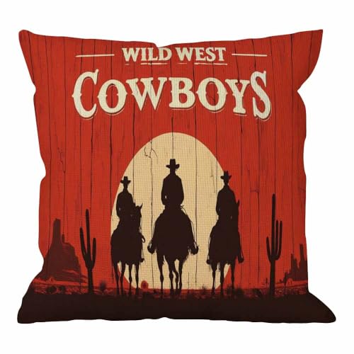 HGOD DESIGNS Cowboy Throw Pillow Cover,Vintage Western Cowboys Riding Horses Wooden Sign Rural Ranch Desert Sunset Decorative Pillow Cases Linen Square Cushion Covers for Home Sofa Couch 18x18 inch