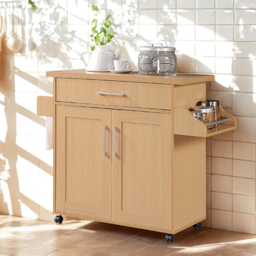 image for Hodedah Rolling Wood Kitchen Island Cart with Spice Rack, Towel Rack, 