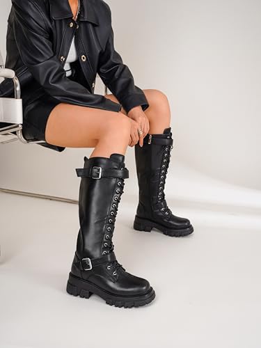 Women Platform Combat Knee High Boots Lace Up Lug Sole Riding Boots Buckle Motorcycle Boot with Zipper Fall4