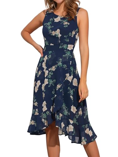 INSPIRE CHIC Women's Summer Dresses Wrap Ruffle Hem Round Neck Sleeveless Smock Back Waist Floral Dress