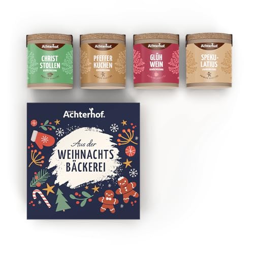 Aus der Weihnachtsbäckerei Gewürzset | 4 x weihnachtliche Gewürze | Christstollen-, Pfefferkuchen-, Spekulatius- und Glühwein Gewürzmischung | Geschenkbox | Probierset | vom Achterhof