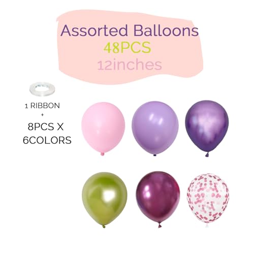 Image of Light Pink Purple Green Balloons Birthday Party Decorations-48Pcs 12inch Assorted Metallic Hot Pink Purple Balloon,Confetti Latex Baloons Kit for Princess Witch Fairy Monster Garden Jungle Theme Party