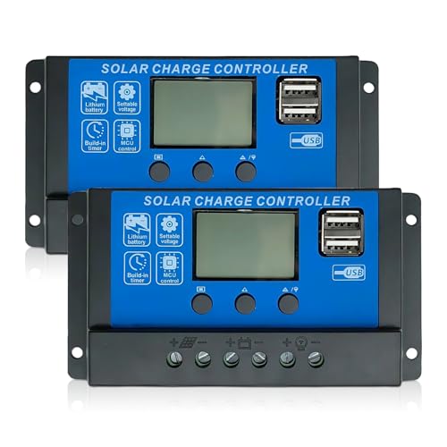 Sporgo Regolatore di carica solare da 30 A, 2 pezzi: regolatore di carica solare da 12 V-24 V, caricatore PWM, pannello solare, controller batteria intelligente con 5 V, doppia porta USB, 5 V