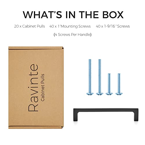 Image of Ravinte Matte Black Kitchen Cabinet Handles 5 Inch Pulls 20 Pack | Solid Zinc Alloy , Smooth Design, Screws Included, Square Pulls for Kitchen Drawers & Cupboards