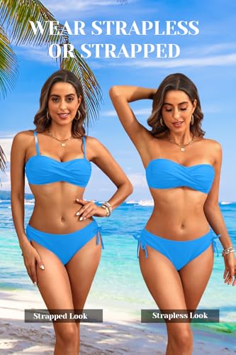 Image of Tempt Me Women Strapless Bandeau Bikini Set Twist Front Two Piece Swimsuit | Detachable Shoulder Straps, Molded Cup Design, Anti-slip Strips, Side Tie Bikini Bottom, Low Rise Fit